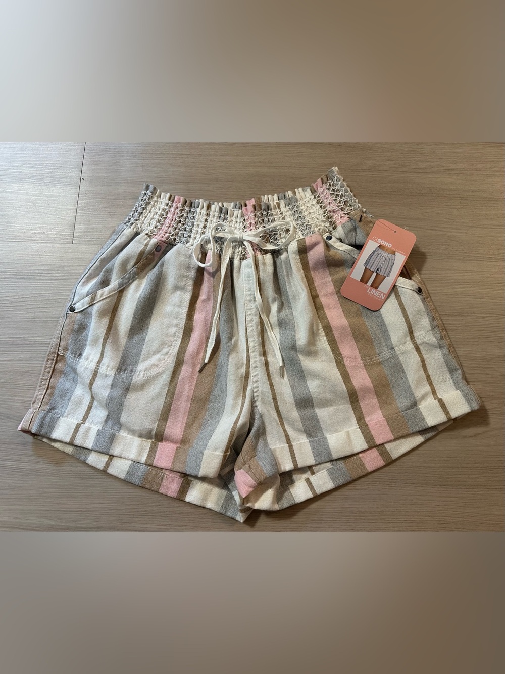 Ci Sono Linen-Blend High-Waist Striped Shorts - Pink, Cream, Tan, Gray